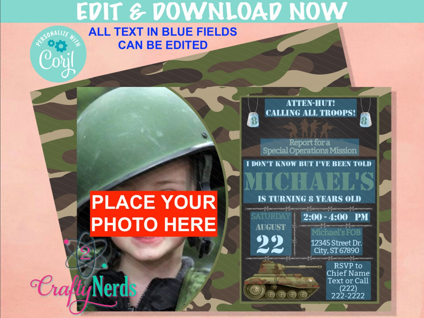 Army Party Birthday Invitation with Photo, Military Party Soldier Party | Editable Instant Download | Edit Online NOW Corjl | INSTANT ACCESS