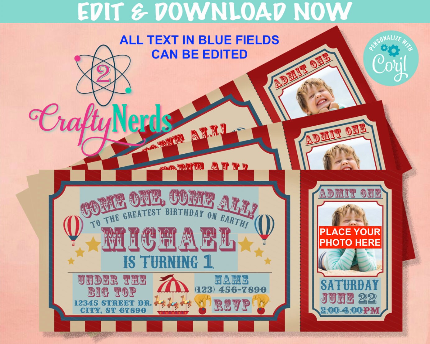 Carnival Ticket Birthday Invitation With Picture, Circus invitation Photo | Editable Instant Download Edit Online NOW Corjl | INSTANT ACCESS