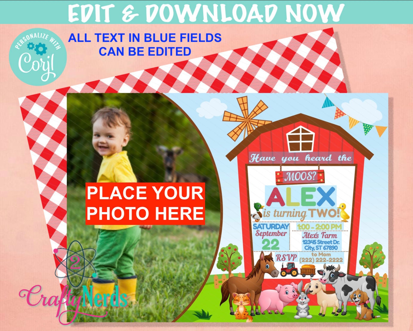 Barnyard Farm Birthday Invitation With Photo, Barnyard Party, Farm Theme| Editable Instant Download | Edit Online NOW Corjl | INSTANT ACCESS