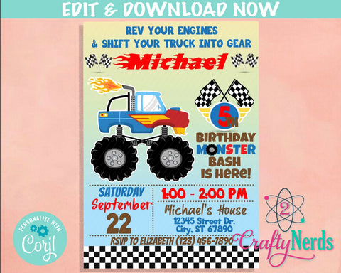 Monster Truck Party Birthday Invitation, Monster Truck Invitation | Editable Instant Download | Edit Online NOW Corjl | INSTANT ACCESS