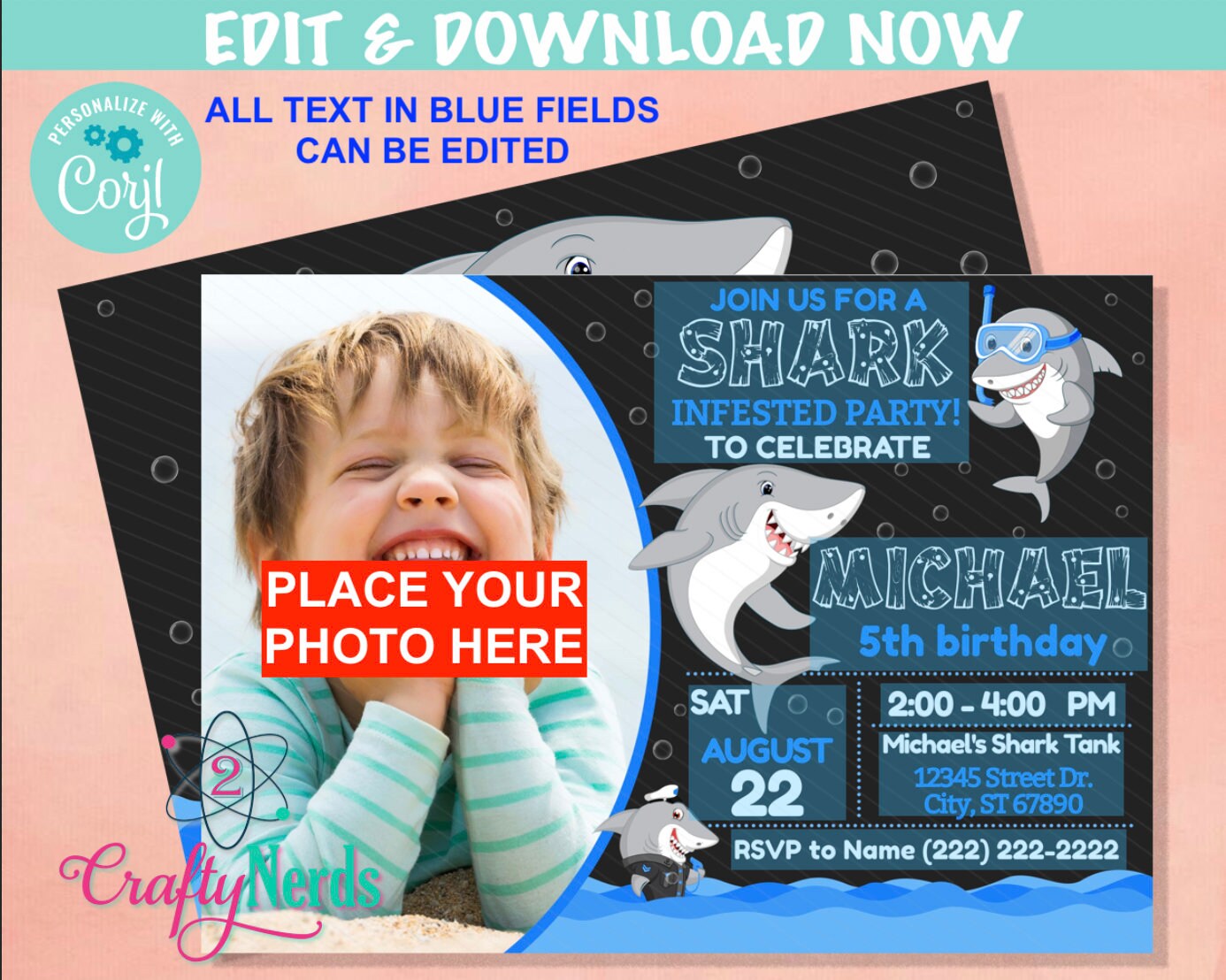 Shark Birthday Invitation with Photo, Shark Party, Shark Theme | Editable Instant Download | Edit Online NOW Corjl | INSTANT ACCESS