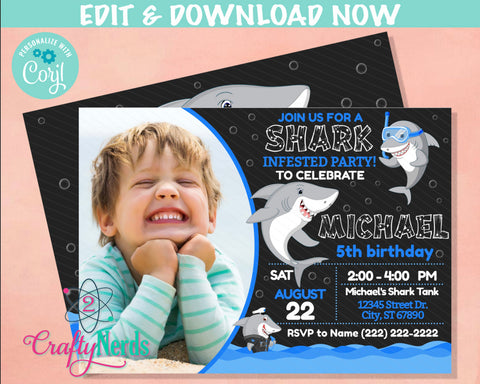Shark Birthday Invitation with Photo, Shark Party, Shark Theme | Editable Instant Download | Edit Online NOW Corjl | INSTANT ACCESS