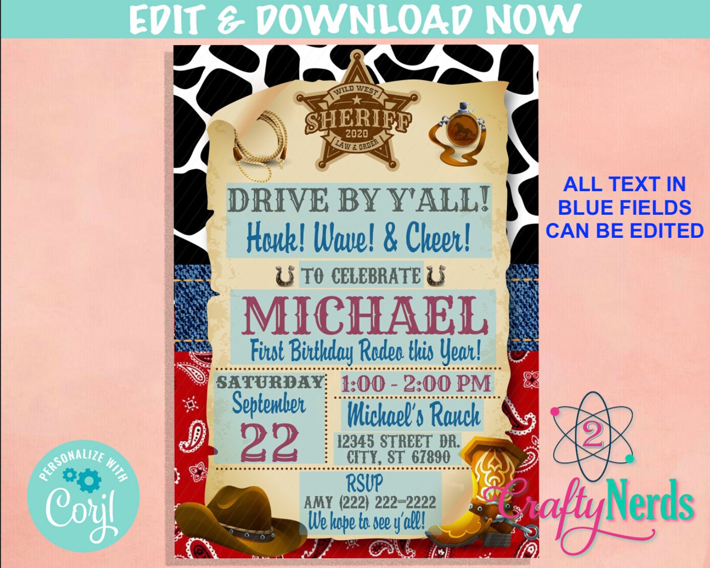 Drive By Cowboy Rodeo Birthday Invitation, Quarantine Birthday Parade | Editable Instant Download | Edit Online NOW Corjl | INSTANT ACCESS