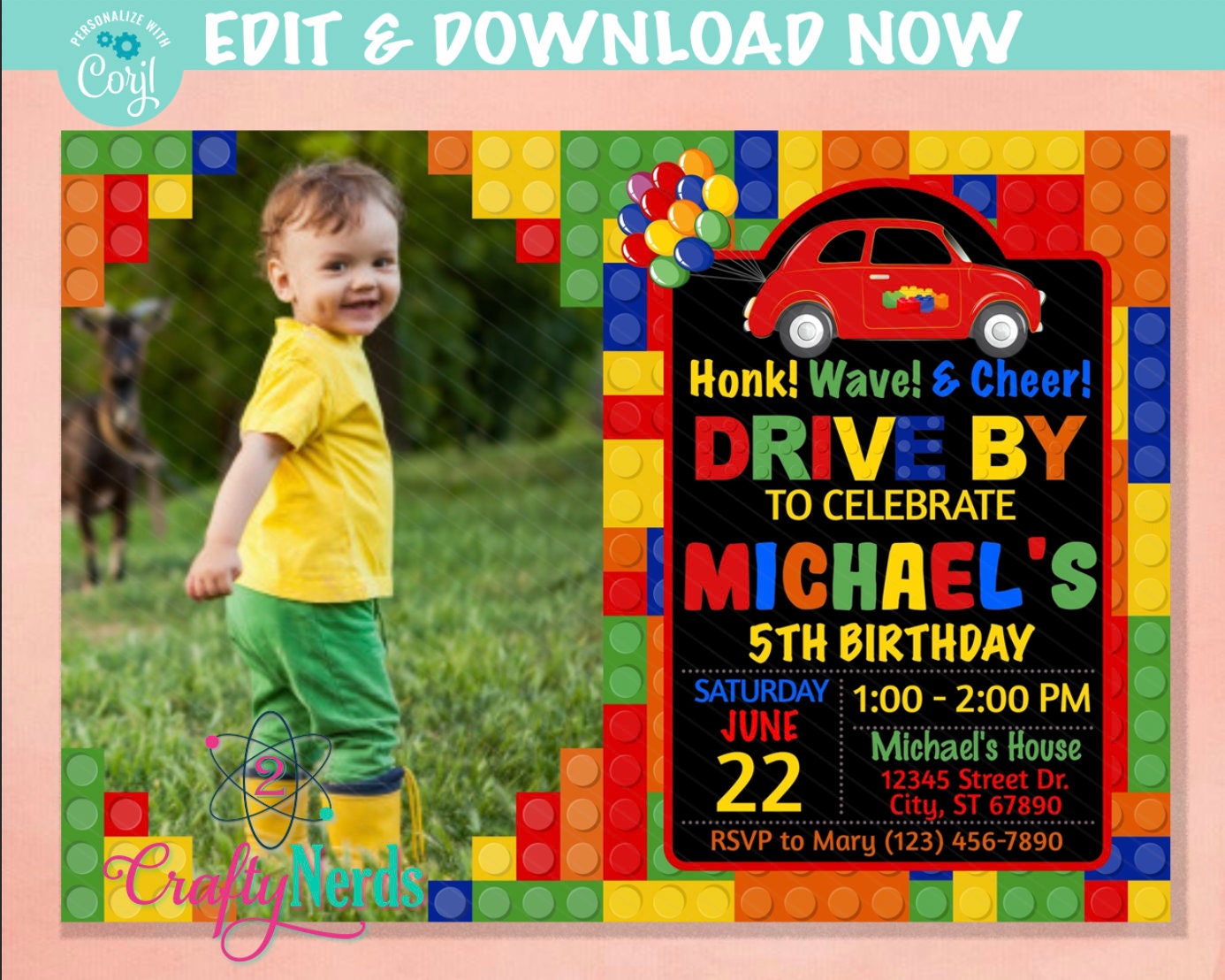 Drive By Building Blocks Birthday Invitation With Photo, Drive Parade | Editable Instant Download | Edit Online NOW Corjl | INSTANT ACCESS