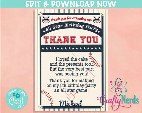Vintage Baseball Birthday Thank You Card, Baseball Thank You Card | Editable Instant Download | Edit Online NOW Corjl | INSTANT ACCESS