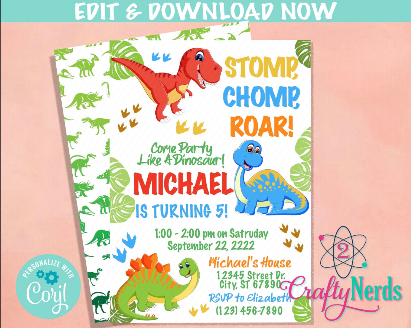 Dinosaur Birthday Party Invitation, Dinosaur Party, Dinosaur, Dino | Editable Instant Download | Edit Online NOW Corjl | INSTANT ACCESS