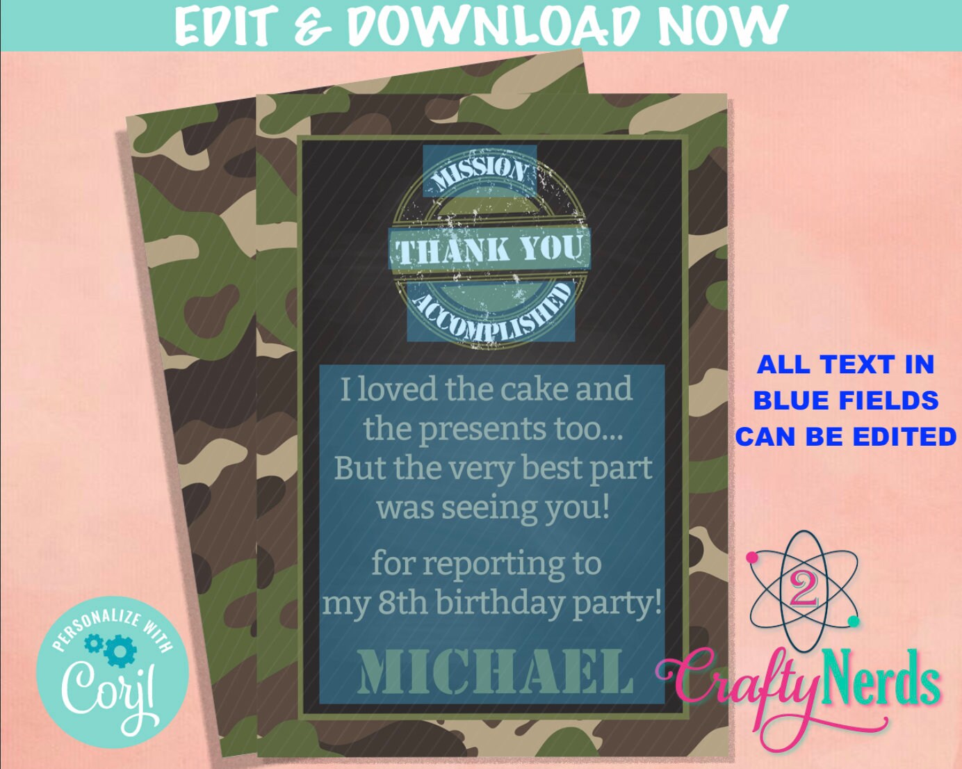 Army Birthday Thank You Card, Army Thank You Note, Army Party | Editable Instant Download | Edit Online NOW Corjl | INSTANT ACCESS T1