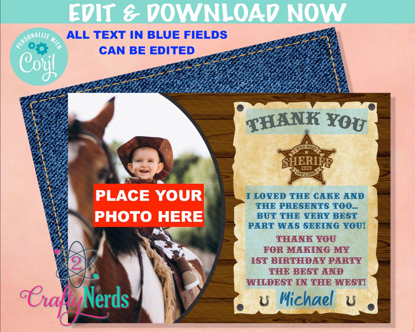 Cowboy Birthday Thank You Card With Photo, Rodeo Birthday Party | Editable Instant Download | Edit Online NOW Corjl | INSTANT ACCESS T1