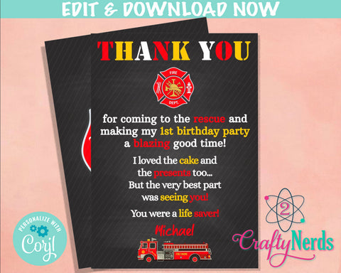 Firefighter Birthday Thank You Card, Firefighter Birthday Party | Editable Instant Download | Edit Online NOW Corjl | INSTANT ACCESS T1