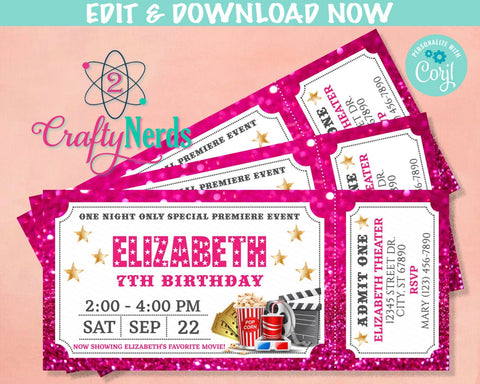 Movie Night Ticket Birthday Invitation, Movie Party, Movie invitation | Editable Instant Download | Edit Online NOW Corjl | INSTANT ACCESS