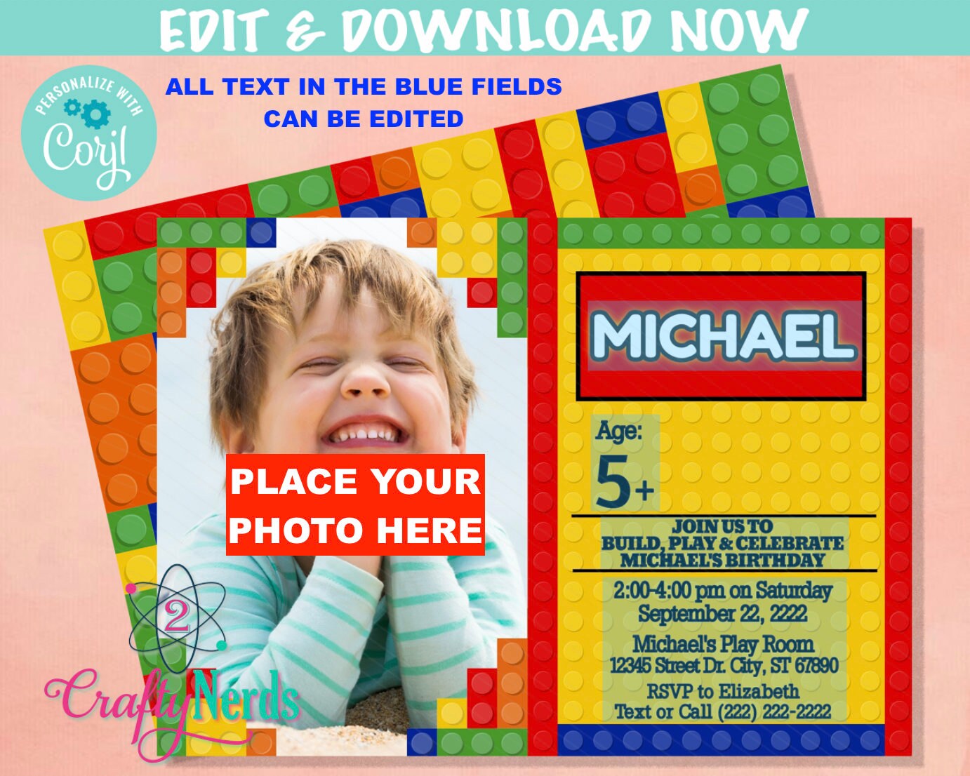 Colorful Building Blocks Birthday Invitation, Digital Invitation, Print | Editable Instant Download | Edit Online NOW Corjl | INSTANT ACCESS