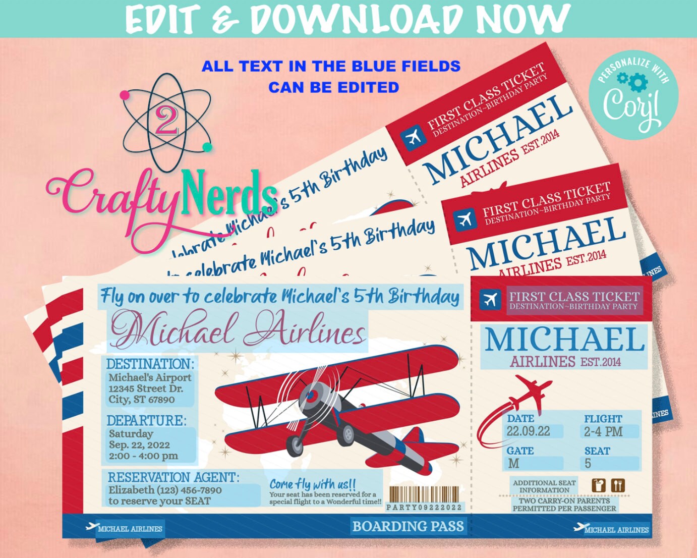 Airplane Ticket Birthday Invitation, Airplane Party, Plane invitation | Editable Instant Download | Edit Online NOW Corjl | INSTANT ACCESS