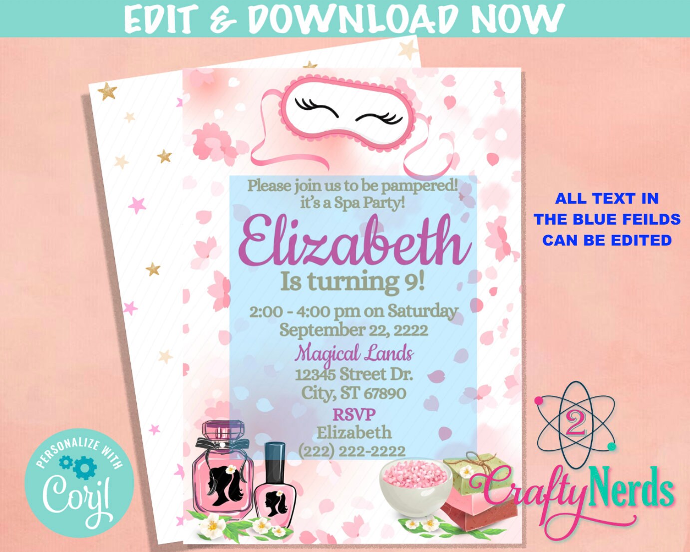 Spa Birthday Invitation, Spa Birthday Party, Spa Sleepover, Pastel | Editable Instant Download | Edit Online NOW Corjl | INSTANT ACCESS