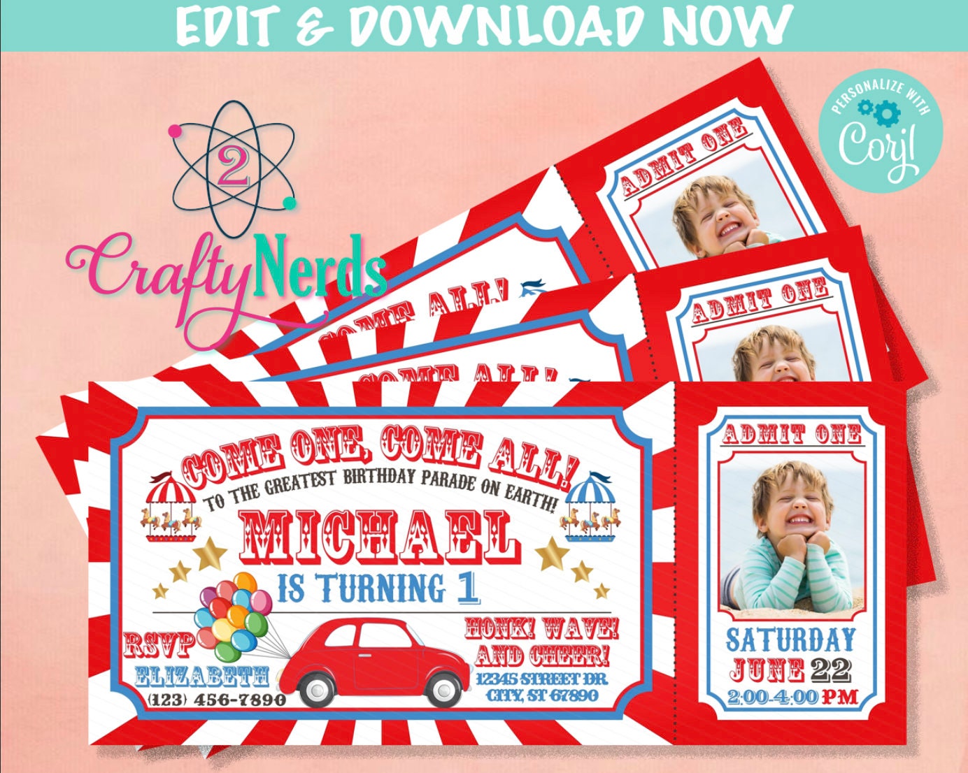 Drive By Circus Carnival Ticket Birthday Invitation with Photo, Party | Editable Instant Download | Edit Online NOW Corjl | INSTANT ACCESS