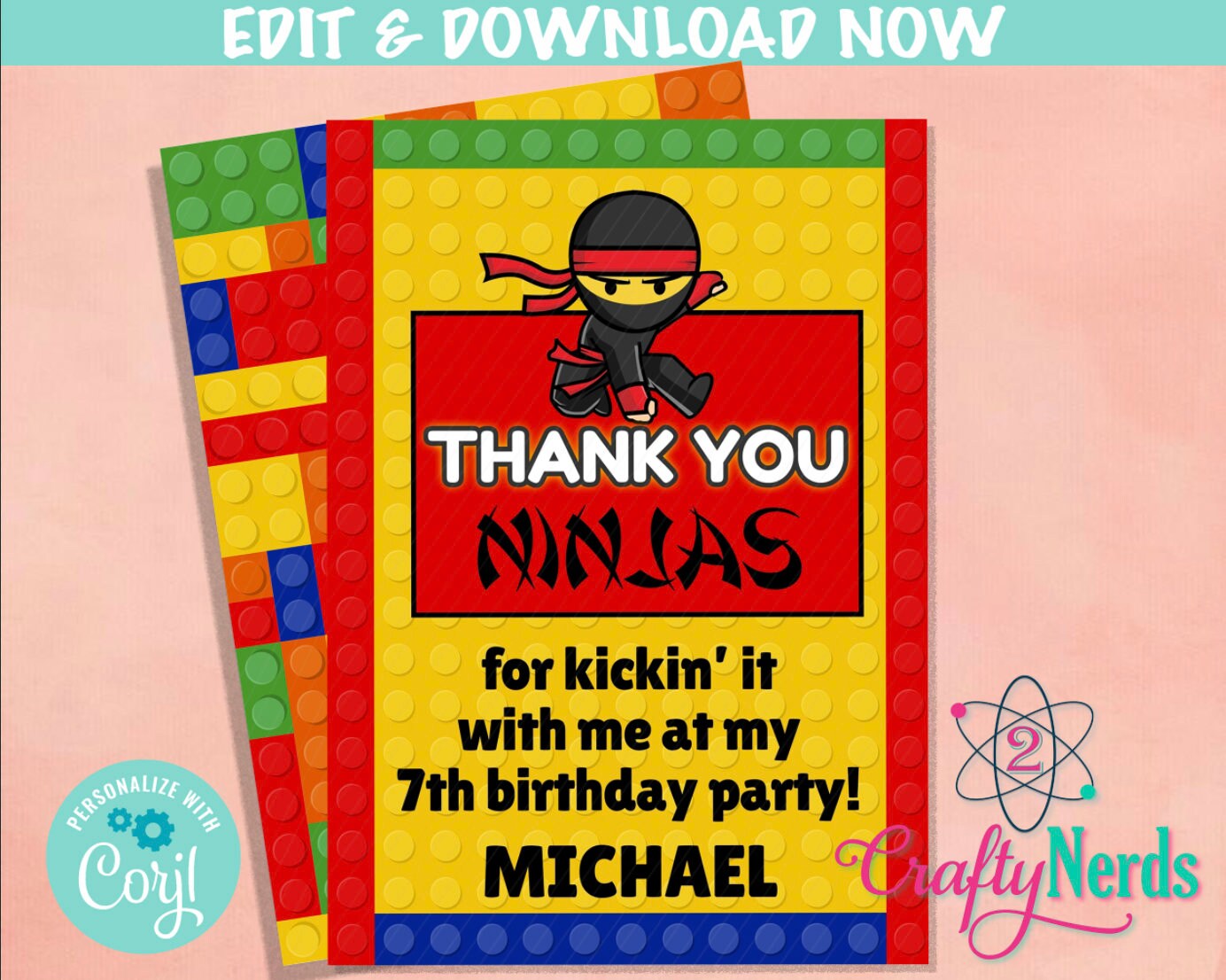 Building Blocks Birthday Thank You Card, Blocks Thank You Card | Editable Instant Download | Edit Online NOW Corjl | INSTANT ACCESS