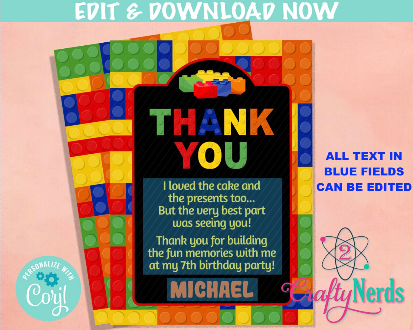 Building Blocks Birthday Thank You Card, Blocks Thank You Card | Editable Instant Download | Edit Online NOW Corjl | INSTANT ACCESS