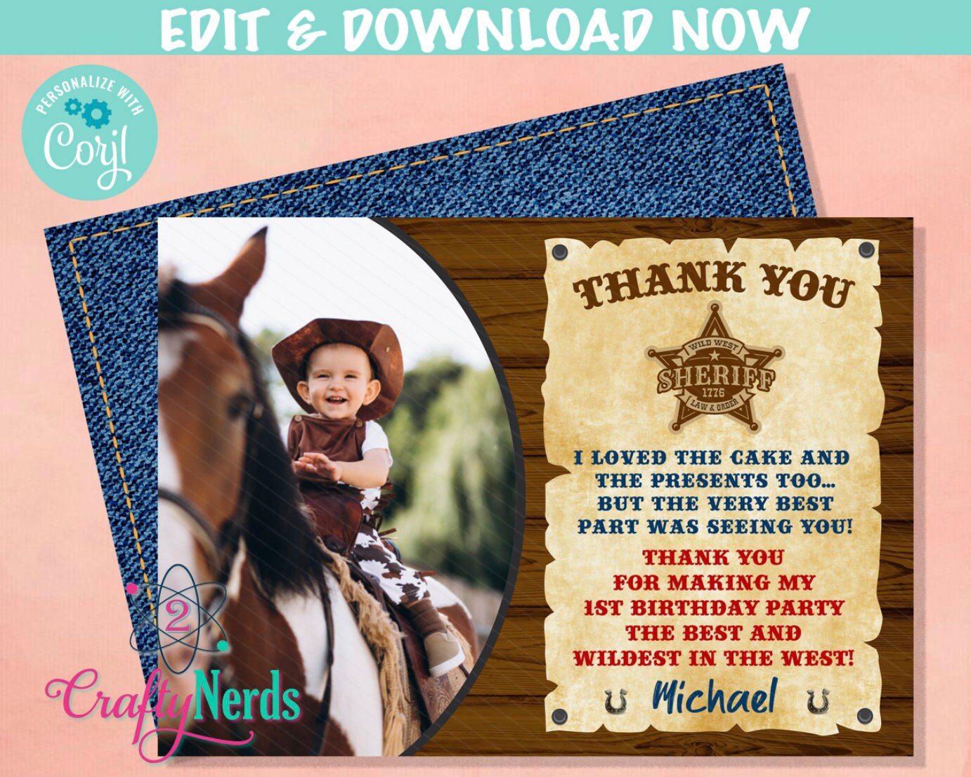 Cowboy Birthday Thank You Card With Photo, Rodeo Birthday Party | Editable Instant Download | Edit Online NOW Corjl | INSTANT ACCESS T1