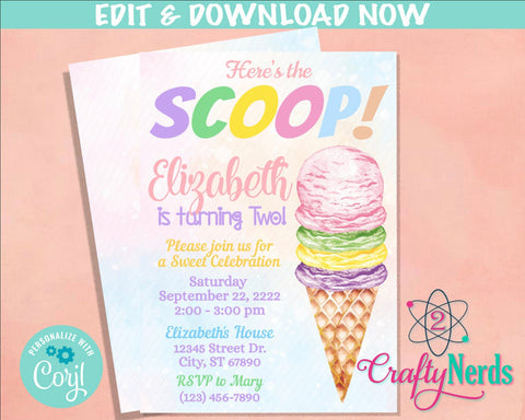 Ice Cream Birthday Invitation, Summer Party Invitation Pastel Ice Cream | Editable Instant Download | Edit Online NOW Corjl | INSTANT ACCESS
