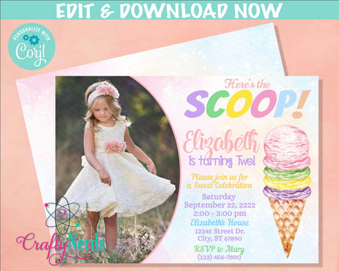 Ice Cream Birthday Invitation with photo Summer Party Invitation Pastel | Editable Instant Download | Edit Online NOW Corjl | INSTANT ACCESS