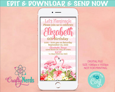 Lets Flaminagle Birthday Party Electronic Invitation, Flamingo Evite | Editable Instant Download | Edit Online NOW Corjl | INSTANT ACCESS