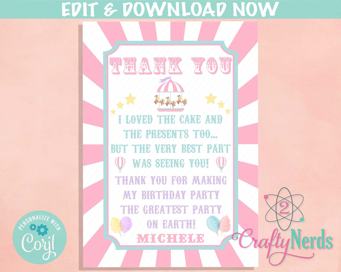 Carnival Ticket Birthday Invitation Pastel, Circus invitation Pastel | Editable Instant Download Edit Online NOW Corjl | INSTANT ACCESS
