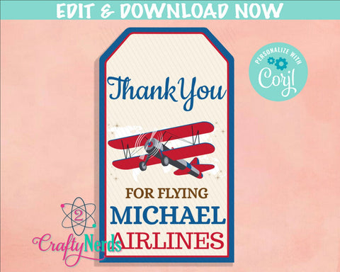 Airplane Ticket Birthday Thank You Tag, Plane Favor Tag, Airplane Label | Editable Instant Download | Edit Online NOW Corjl | INSTANT ACCESS