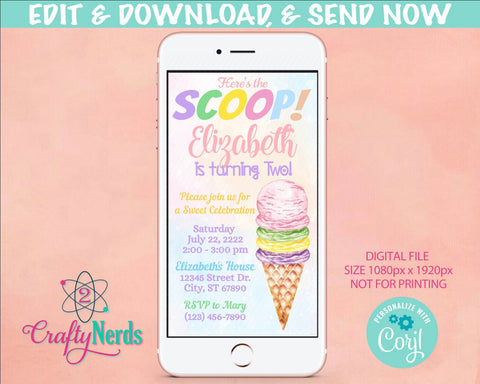 Ice Cream Birthday Party Electronic Invitation, Summer, Pastel, Evite | Editable Instant Download | Edit Online NOW Corjl | INSTANT ACCESS