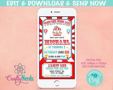 Circus Carnival Ticket Birthday Party Electronic Invitation, Evite | Editable Instant Download | Edit Online NOW Corjl | INSTANT ACCESS