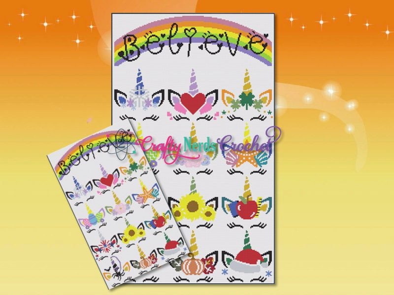 Believe in Unicorns Bundle, Single Crochet written Pattern Graphghan CAL Crochet A Long Individual Block, Blanket, Graph, Crochet Pattern