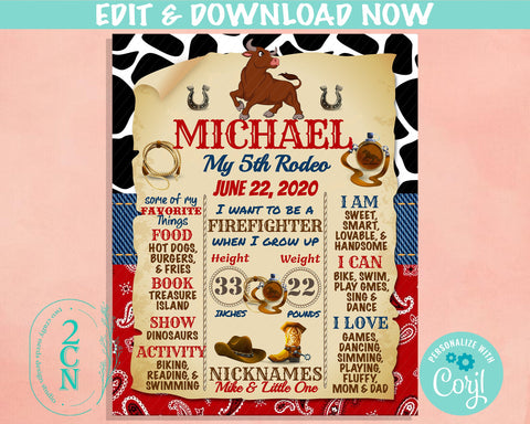 Rodeo Bull Birthday Sign, Cowboy Birthday Board Milestone Birthday Sign | Editable Instant Download | Edit Online NOW Corjl | INSTANT ACCESS
