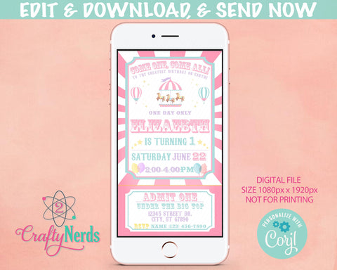 Circus Carnival Ticket Birthday Party Electronic Invitation, Pastel | Editable Instant Download | Edit Online NOW Corjl | INSTANT ACCESS