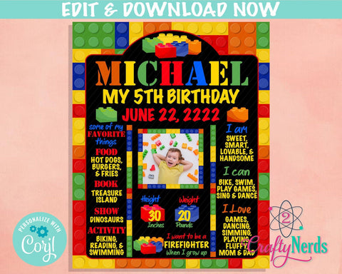 Building Blocks Birthday Sign With Photo, Birthday Board Milestone Sign | Editable Instant Download | Edit Online NOW Corjl | INSTANT ACCESS