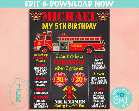 Firefighter Birthday Sign, Fireman Birthday Board, Milestone Birthday | Editable Instant Download | Edit Online NOW Corjl | INSTANT ACCESS