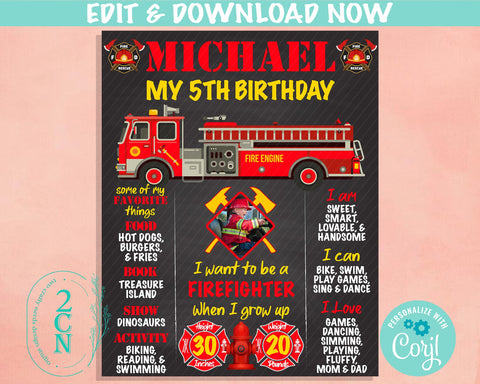 Firefighter Birthday Sign With Photo, Fireman Birthday Board Milestone | Editable Instant Download | Edit Online NOW Corjl | INSTANT ACCESS