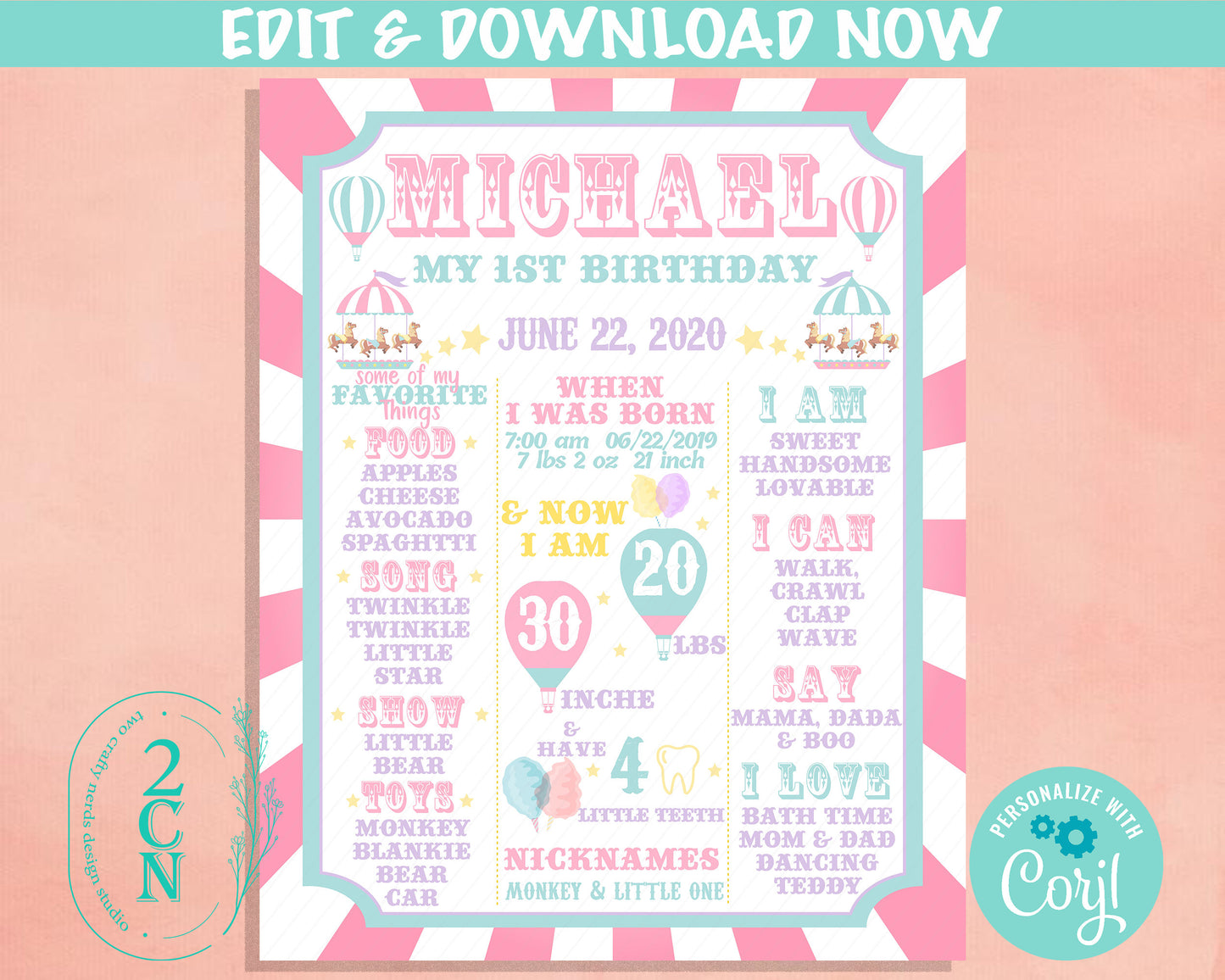 Carnival Circus Birthday Sign Birthday Board, Pastel Milestone Birthday | Editable Instant Download | Edit Online NOW Corjl | INSTANT ACCESS