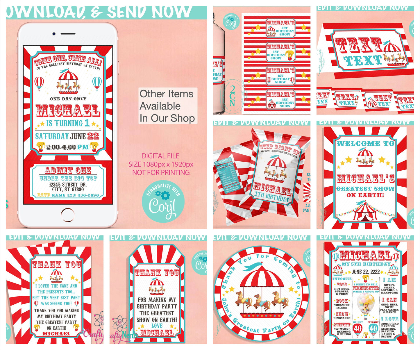 Circus Birthday Thank You Tag 6 Designs, Carnival Tag, Circus Label | Editable Instant Download | Edit Online NOW Corjl | INSTANT ACCESS T1
