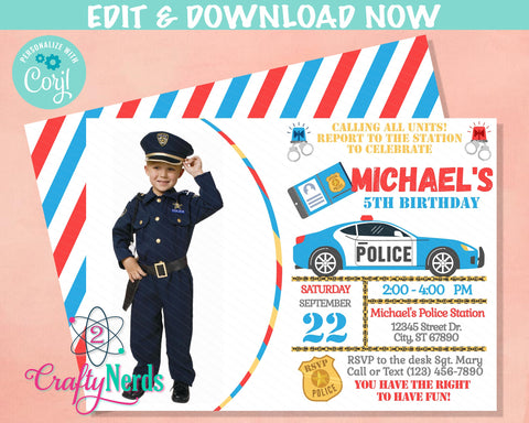 Police Birthday Invitation With Photo, Police Party, Cop Theme, Police | Editable Instant Download | Edit Online NOW Corjl | INSTANT ACCESS