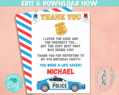 Police Birthday Thank You Card, Police Thank You Card, Police Birthday | Editable Instant Download | Edit Online NOW Corjl | INSTANT ACCESS