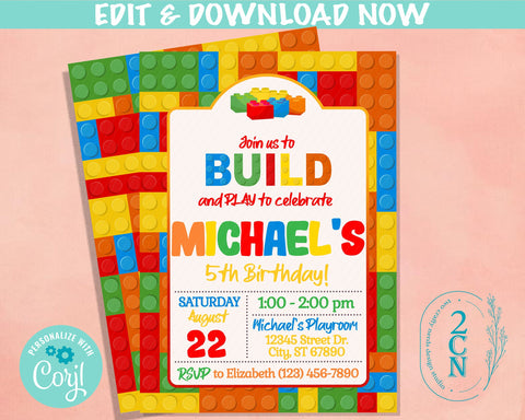 Colorful Building Blocks Birthday Invitation, Bricks invite | Editable Instant Download | Edit Online NOW Corjl | INSTANT ACCESS