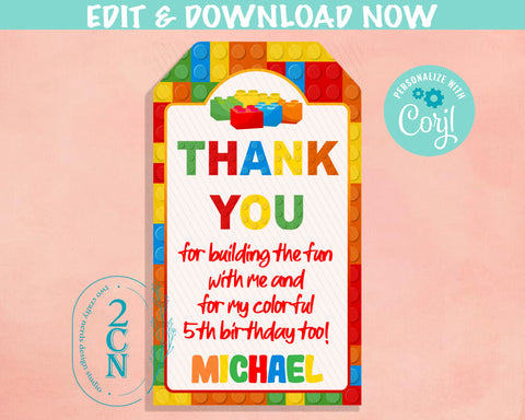 Building Blocks Birthday Thank You Tag, Blocks Birthday Tag, Label | Editable Instant Download | Edit Online NOW Corjl | INSTANT ACCESS T1