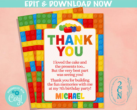 Building Blocks Birthday Thank You Card, Blocks Thank You | Editable Instant Download | Edit Online NOW Corjl | INSTANT ACCESS