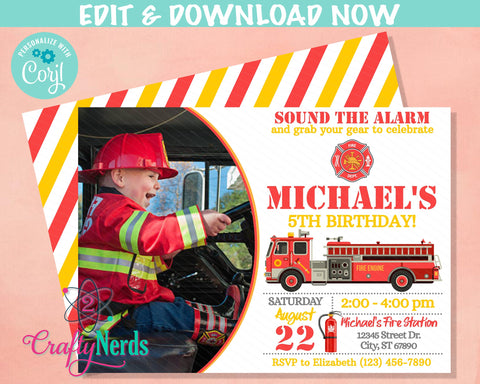 Firefighter Birthday Invitation With Photo, Fire Truck, Fireman Party | Editable Instant Download | Edit Online NOW Corjl | INSTANT ACCESS