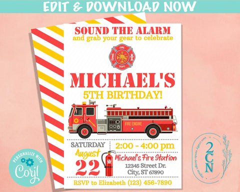 Firefighter Birthday Invitation, Fire Truck Invitation, Fireman Party | Editable Instant Download | Edit Online NOW Corjl | INSTANT ACCESS
