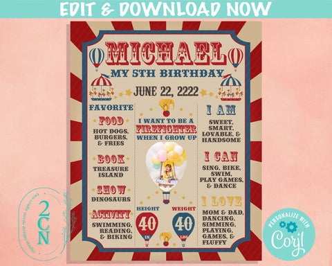 Vintage Carnival Circus Birthday Sign Birthday Board Photo, Milestone | Editable Instant Download | Edit Online NOW Corjl | INSTANT ACCESS
