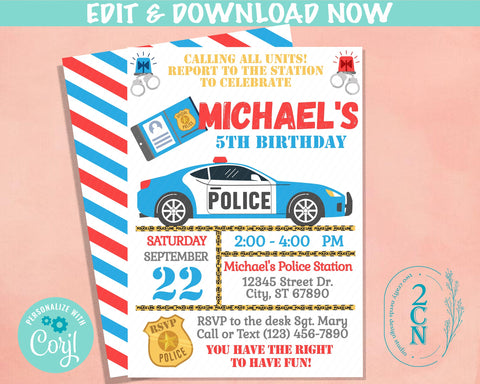 Police Birthday Invitation, Police Party, Cop Theme, Police Theme | Editable Instant Download | Edit Online NOW Corjl | INSTANT ACCESS