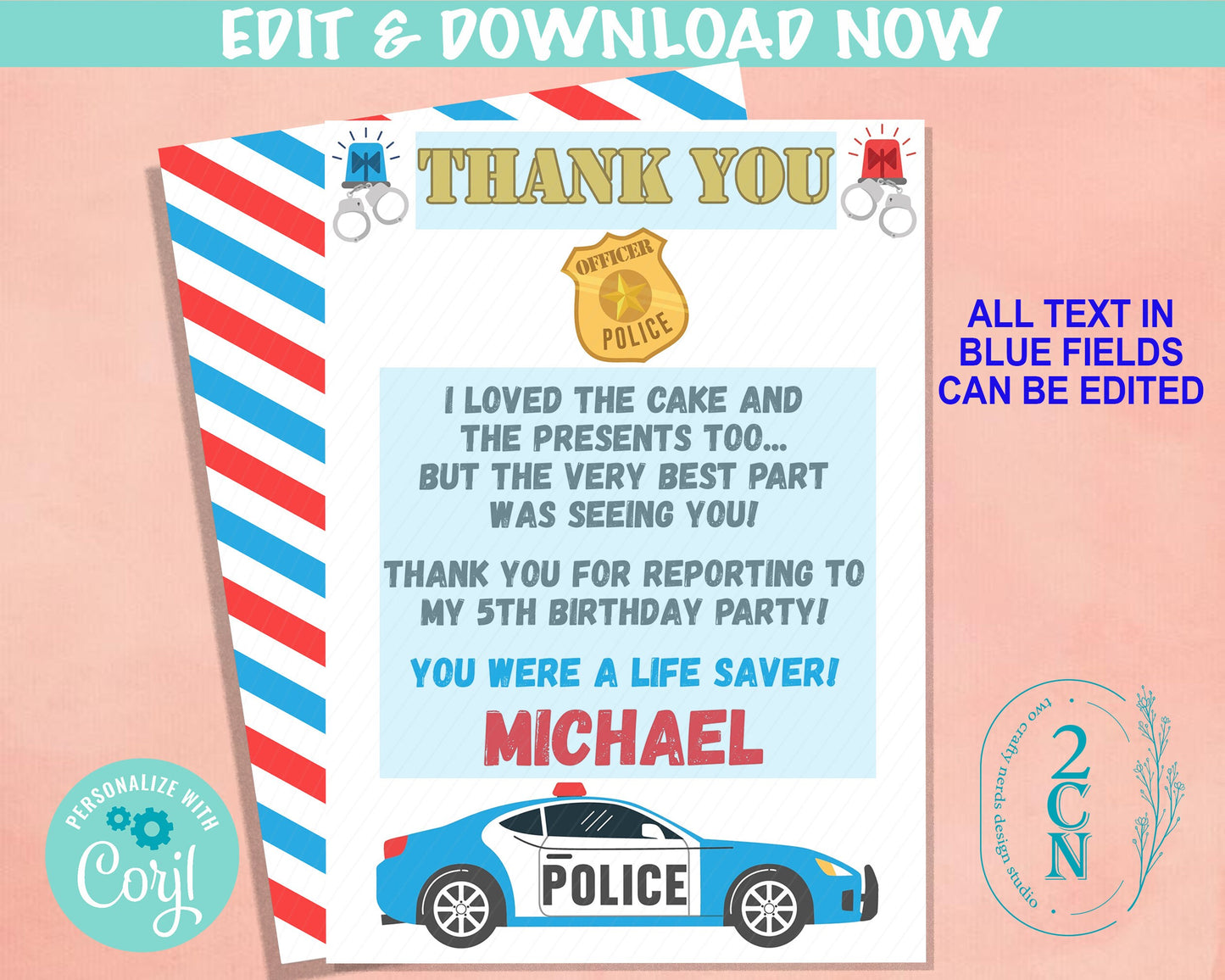 Police Birthday Thank You Card, Police Thank You Card, Police Birthday | Editable Instant Download | Edit Online NOW Corjl | INSTANT ACCESS