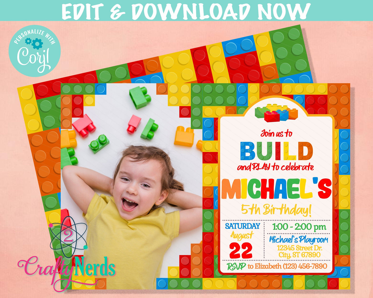 Colorful Building Blocks Birthday Invitation With Photo, Bricks invite | Editable Instant Download | Edit Online NOW Corjl | INSTANT ACCESS