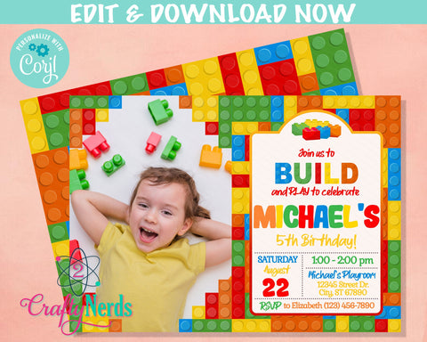 Colorful Building Blocks Birthday Invitation With Photo, Bricks invite | Editable Instant Download | Edit Online NOW Corjl | INSTANT ACCESS