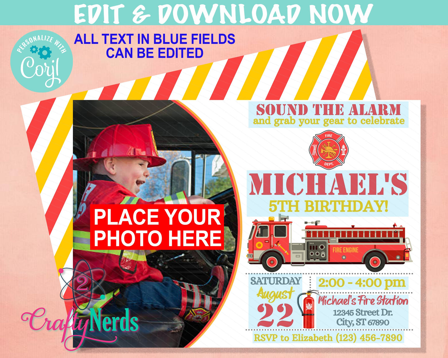 Firefighter Birthday Invitation With Photo, Fire Truck, Fireman Party | Editable Instant Download | Edit Online NOW Corjl | INSTANT ACCESS