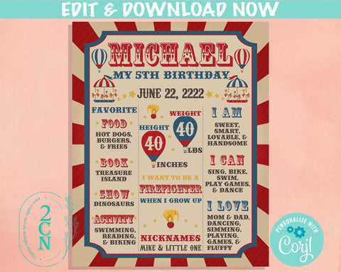 Vintage Carnival Circus Birthday Sign, Birthday Board, Milestone Sign | Editable Instant Download | Edit Online NOW Corjl | INSTANT ACCESS